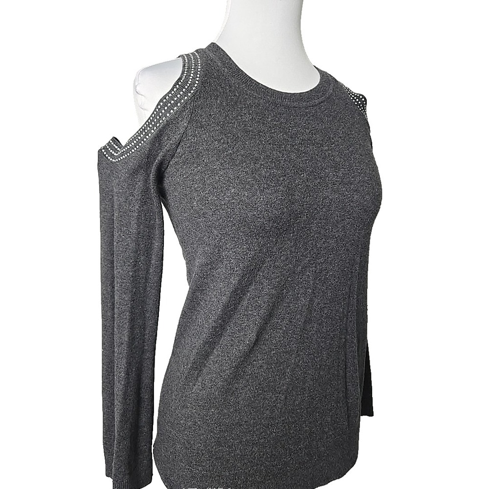 Michael Kors Gray Ribbed Knit Cold Shoulder Embellished Sweater Top Small S